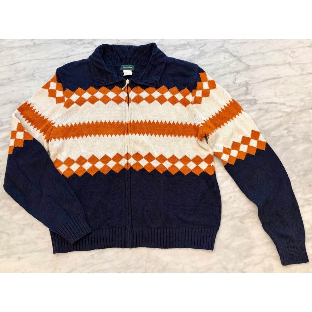Vintage 90s Eagle's Eye Cotton Zip Cardigan Sweater Collar Diamond Navy Orange M